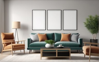 Mock up poster frame in home interior background, Modern style living room, 3D render