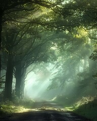 Naklejka premium A serene forest path illuminated by soft sunlight filtering through the trees.