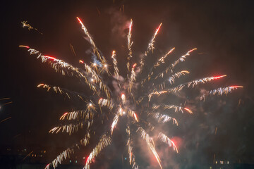 Beautiful colorful fireworks against a dark sky background. Selective focus, background, texture
