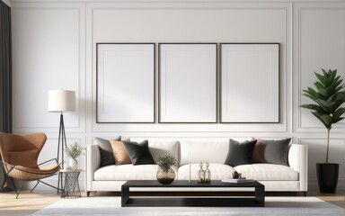 Mock up poster frame in home interior background, Modern style living room, 3D render