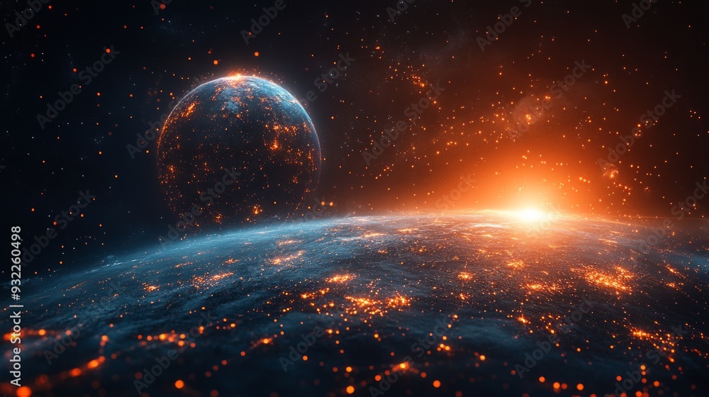 Wall mural galaxy and nebula. an image of a glowing planet in outer space in orange with a mesh pattern. abstra