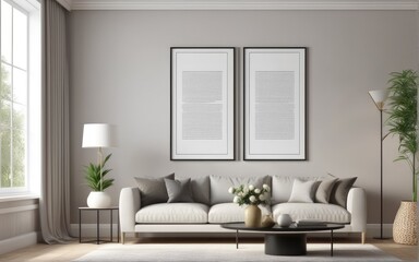 Mock up poster frame in home interior background, Modern style living room, 3D render