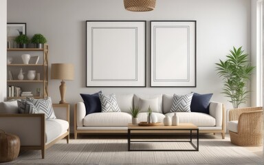 Mock up poster frame in home interior background, Modern style living room, 3D render