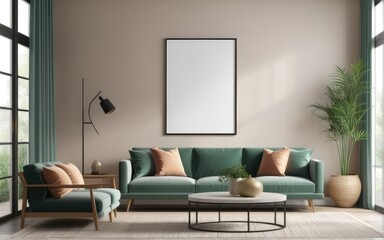 Mock up poster frame in home interior background, Modern style living room, 3D render