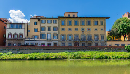 View of the architecture of the beautiful city of Florence in Italy from the Arno River