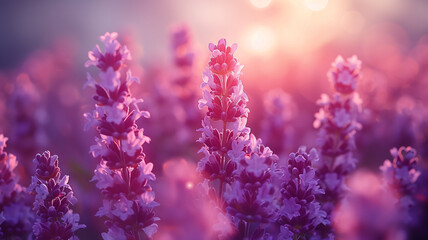 vibrant Field of lavender against the sunset light with golden background
