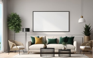 Mock up poster frame in home interior background, Modern style living room, 3D render