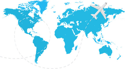 world map with flying airplane