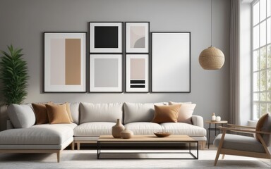 Mock up poster frame in home interior background, Modern style living room, 3D render