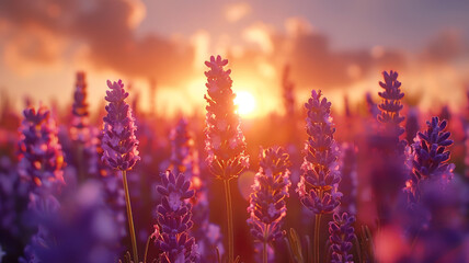 Naklejka premium vibrant Field of lavender against the sunset light with golden background