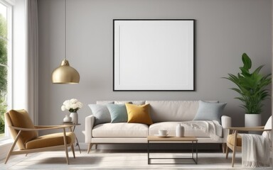 Mock up poster frame in home interior background, Modern style living room, 3D render