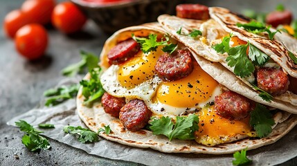   A pair of tacos placed on a table with bowls of tomatoes and ketchup nearby