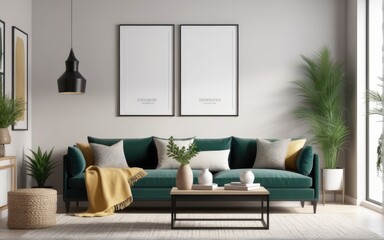 Mock up poster frame in home interior background, Modern style living room, 3D render