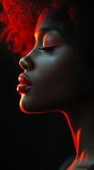 Close-up of a grateful African American woman under dark red accent color. Apologetic black woman against a blurred background and reddish tones of soft light.