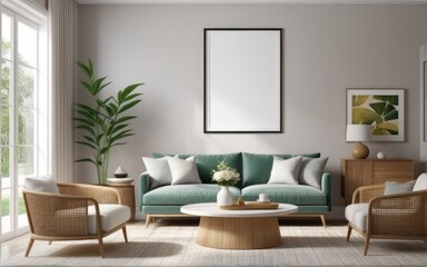 Mock up poster frame in home interior background, Modern style living room, 3D render