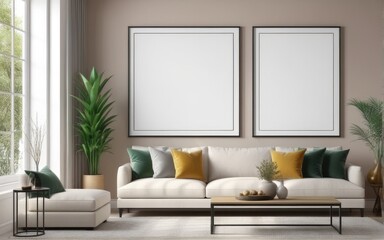 Mock up poster frame in home interior background, Modern style living room, 3D render