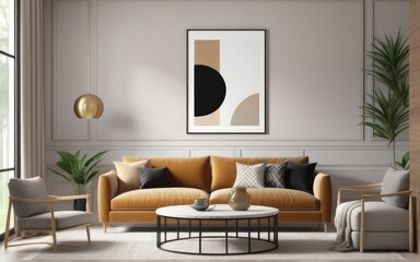 Mock up poster frame in home interior background, Modern style living room, 3D render