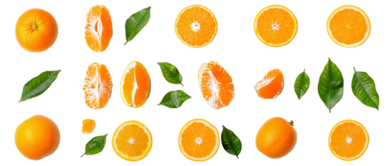 Set of isolated Oranges, orange slices, orange leaves. on transparent background. cut elements, designs. Top view high quality PNG." design elements, top view / flat lay.	
