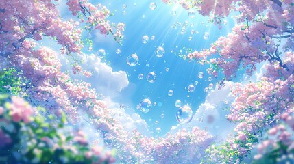   A heart-shaped bouquet of pink flowers floats in the blue sky, surrounded by more flowers and bubbles