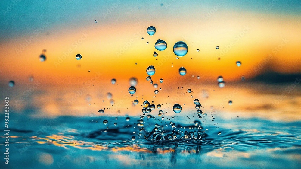 Poster water droplets on a body of water with orange-blue sky