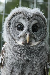 A close-up portrait of an owl with big, round eyes. The owl is looking at the camera with a curious expression. Its feathers are a mottled brown color, and its beak is a pale yellow.