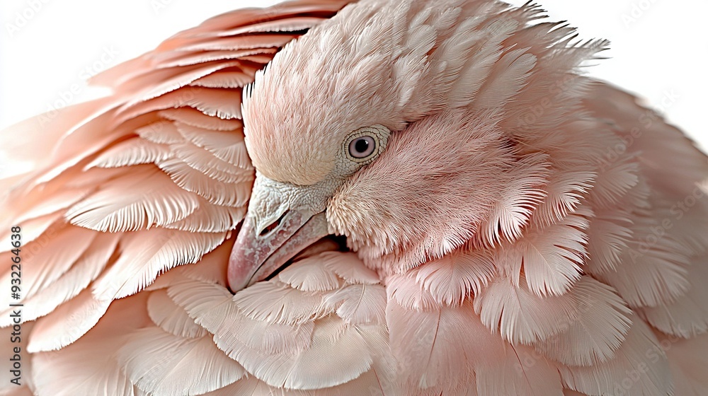 Canvas Prints   A close-up of a pink and white bird, showing its feathers on its head and neck against a white background