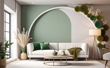 living room interior mock up, modern furniture and decorative green arch with trendy dried flowers, white sofa and armchair, 3d render