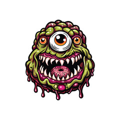 Vector design of a nightmarish one-eyed monster with sharp teeth, dripping slime, and a large central eye.