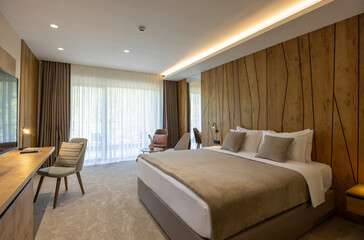 Interior of a hotel bedroom in the morning