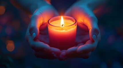A close-up of a worker's hands holding a lit candle during a Labor Day vigil, with a focus on the warm light illuminating their determined expression