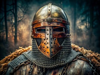 Naklejka premium A worn, medieval helmet's chainmail rusts, its crest broken, exuding a stoic, earthy aura, bearing testament to ancient battles.