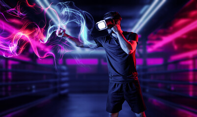 Man wearing VR glass and smashing or punching at camera in neon boxing arena. Sport gamer boxing and moving gesture in metaverse or virtual world while using digital technology innovation. Deviation.