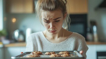 A young woman with a sad face holding a baking tray with baked cookies and looking at it.