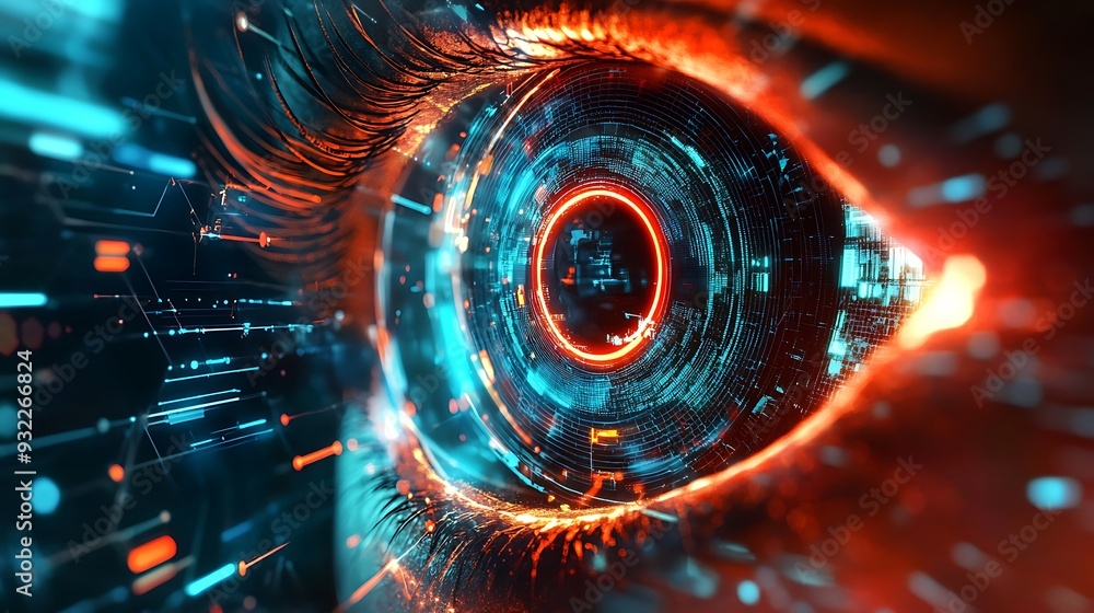 Poster a glowing blue and red eye with digital circuits and data streams.