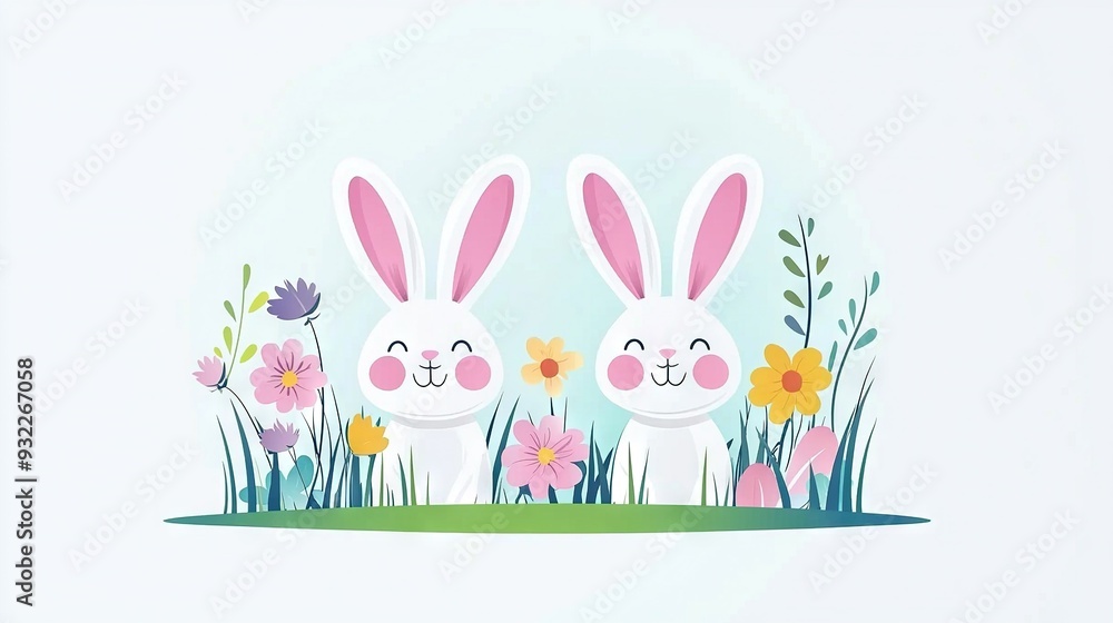 Sticker two bunnies standing beside each other in a field surrounded by grass and flowers