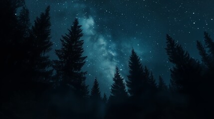 Fototapeta premium A serene night sky filled with stars above a dense forest of tall trees.