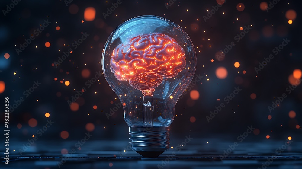 Poster a glowing human brain inside a lightbulb against a dark background with bokeh lights.