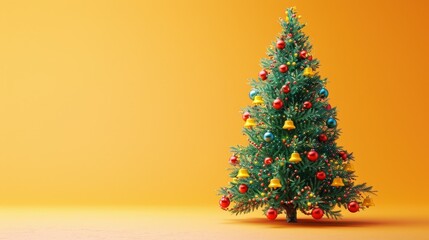 Christmas tree with bells, Close-up, 3D Blender Style, Cute Minimal style, isolated on orange background, with space for text