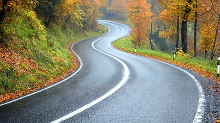 Naklejka premium Curved road, surrounded by trees and leaves; sign on one side