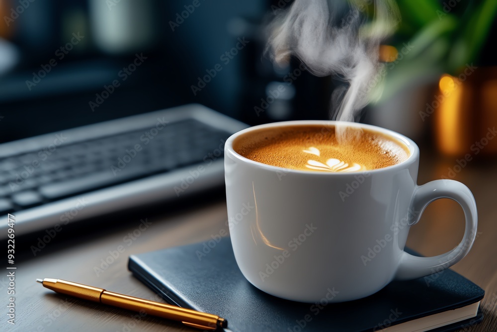 Poster A steaming cup of coffee rests on a notebook, creating a cozy workspace atmosphere that inspires productivity and creativity.