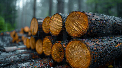 Pile of firewood in the forest, closeup of photo. Pile of sawn tree trunks in a forest. Woodpile texture.