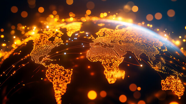 A glowing, digital representation of the Earth with interconnected lines, representing global network and communication.