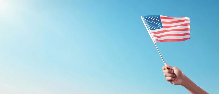 A close-up of a union worker s hand raising a flag during a Labor Day ceremony, with the flag waving in the wind against a clear blue sky