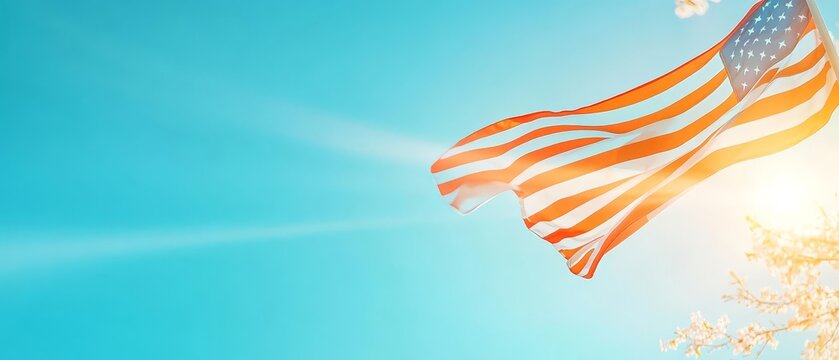 A close-up of a union worker s hand raising a flag during a Labor Day ceremony, with the flag waving in the wind against a clear blue sky