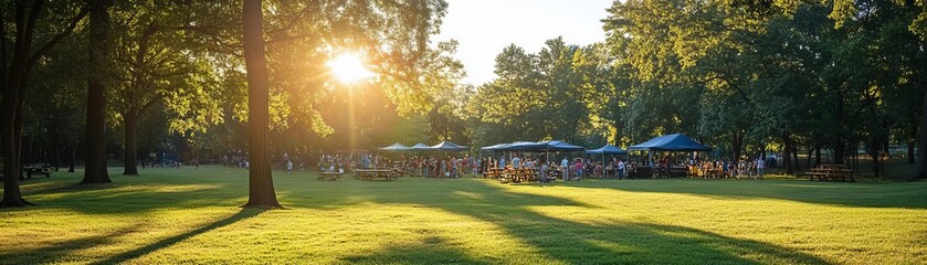 A festive outdoor Labor Day celebration organized by a union, with families enjoying food, games, and live music in a community park