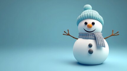 Fototapeta premium Happy Snowman in Blue Knit Hat and Scarf on Light Blue Background