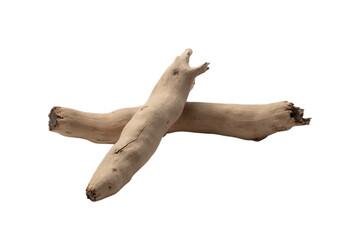 A dynamic driftwood piece with intricate twists and a smooth texture isolated on transparent...