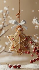 Christmas cookie bell, Close-up, 3D Blender Style, Cute Minimal style, isolated on beige background, with space for text