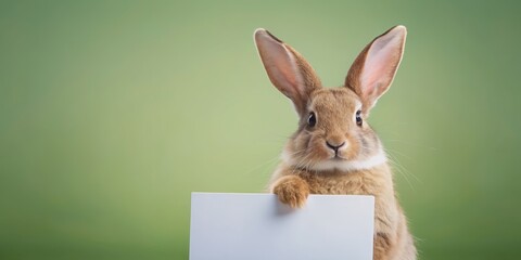 Obraz premium Rabbit holding a sign with copy space, rabbit, sign, blank, holding, message, cute, animal, fluffy, bunny