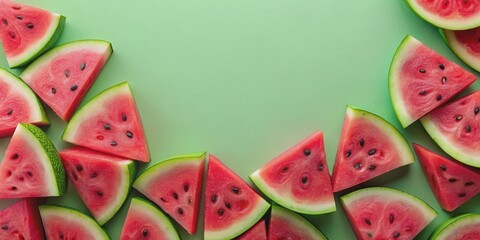 Watermelon slices arranged as a background , fresh, summer, juicy, vibrant, colorful, refreshing, fruit, pattern, arrangement